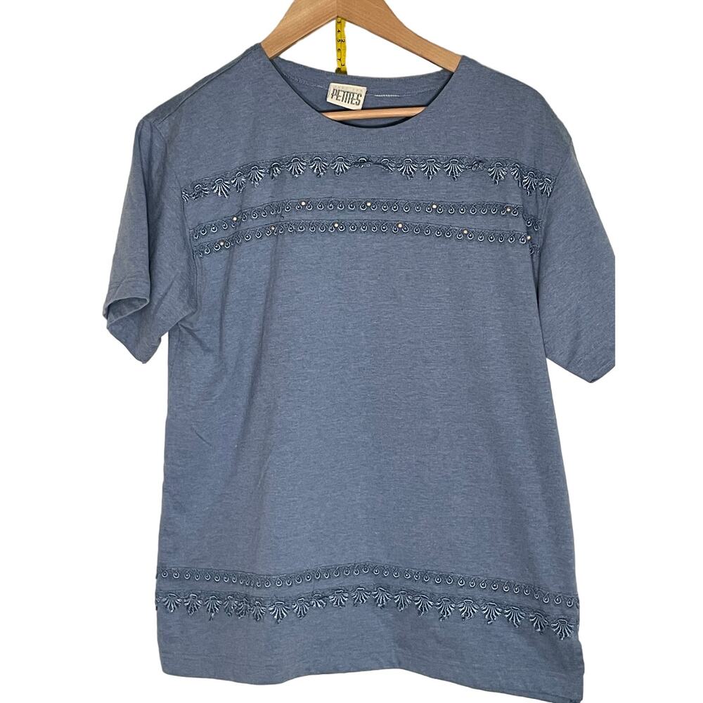 Just for Petites Women's Embellished Short Sleeve Top, Size Large - Blue